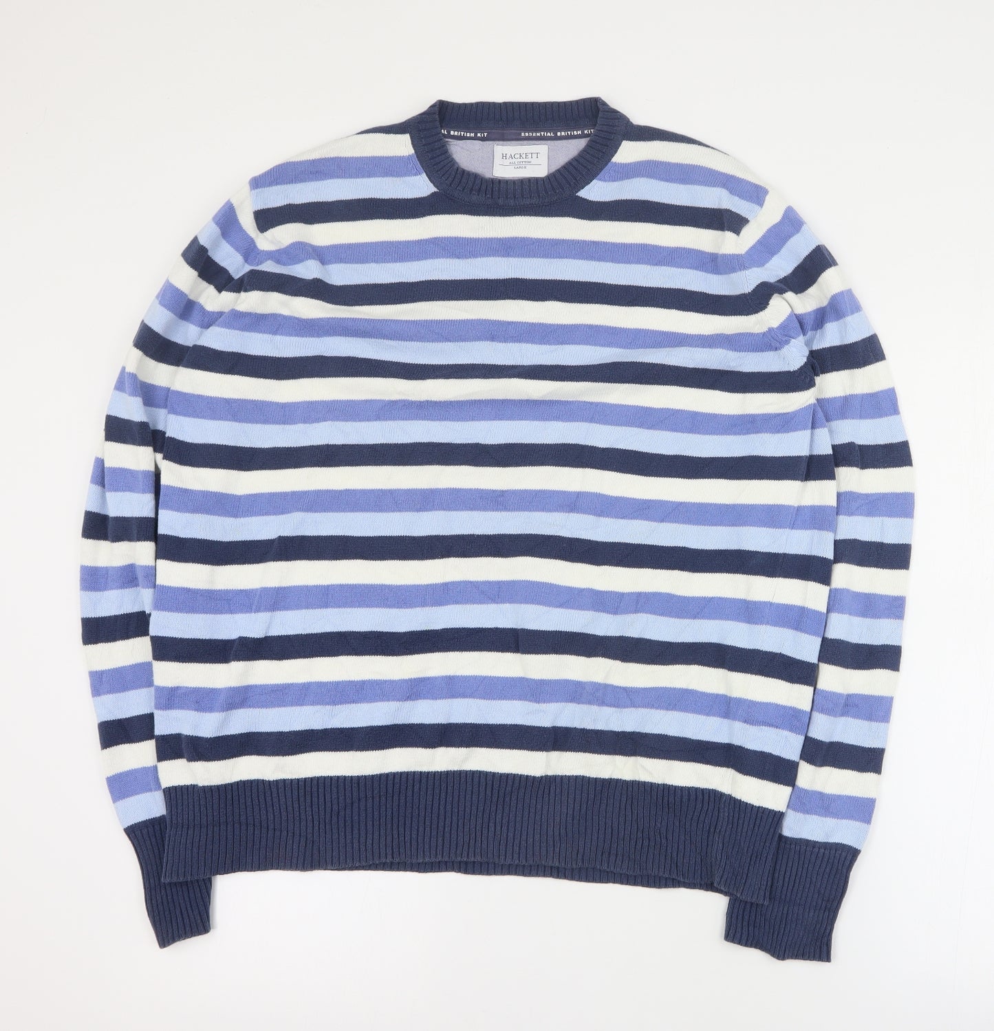 Hackett Mens Blue Round Neck Striped Cotton Pullover Jumper Size L