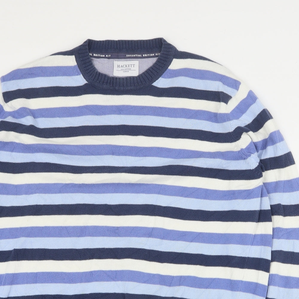 Hackett Mens Blue Round Neck Striped Cotton Pullover Jumper Size L