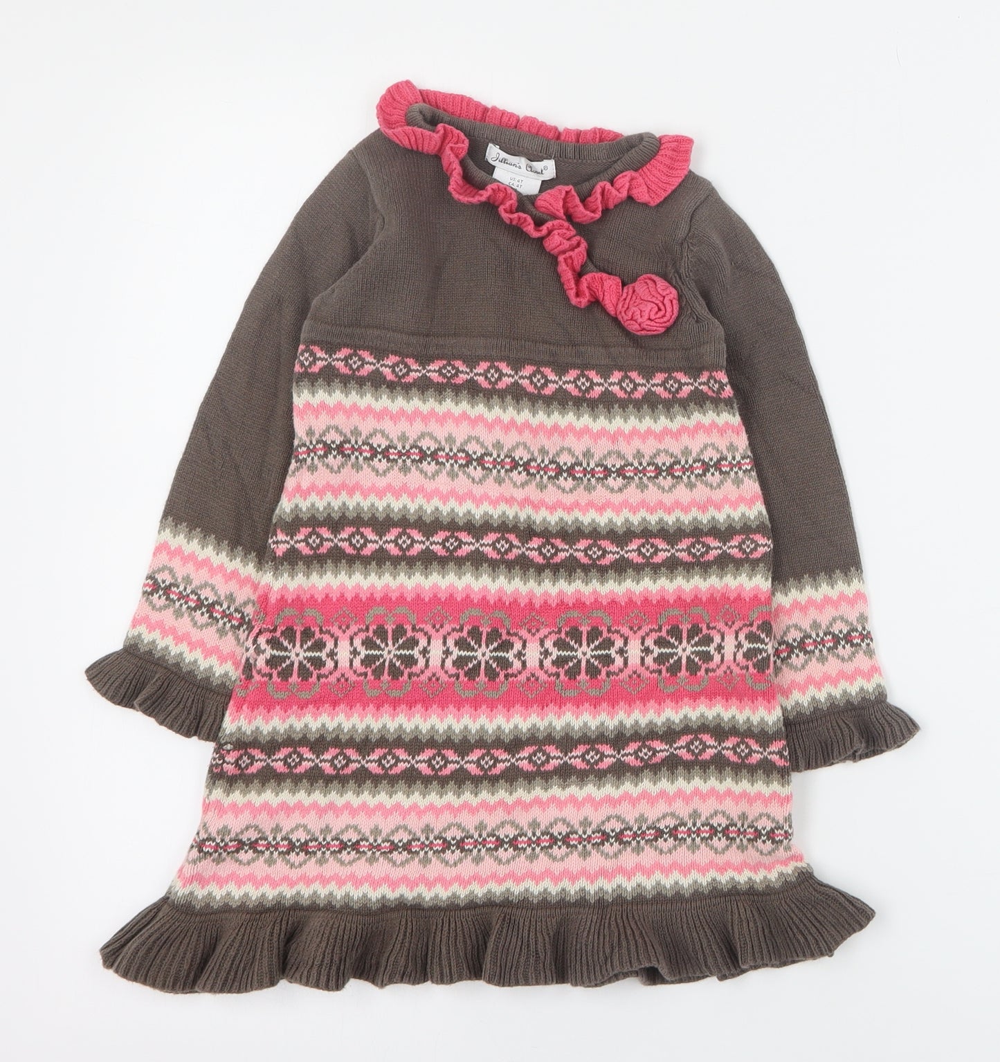 Jillian's Closet Girls Brown Floral 100% Cotton Jumper Dress  Size 4 Years  Round Neck Pullover
