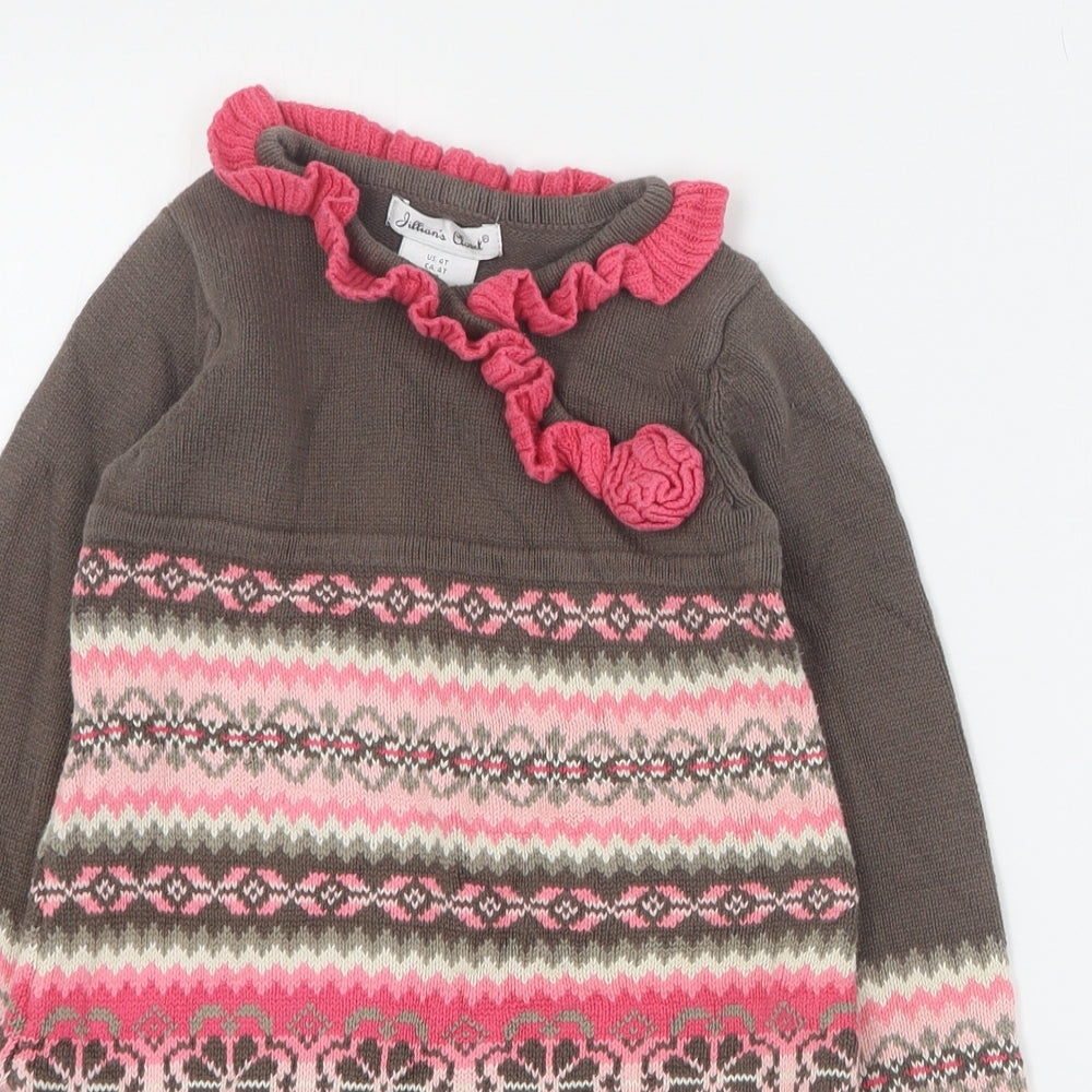 Jillian's Closet Girls Brown Floral 100% Cotton Jumper Dress  Size 4 Years  Round Neck Pullover