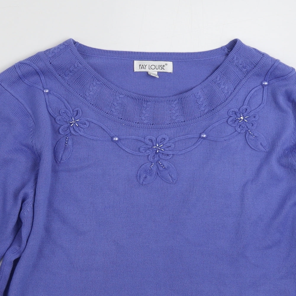 Fay Louise Womens Blue Boat Neck Floral Acrylic Pullover Jumper Size M   - Size M-L