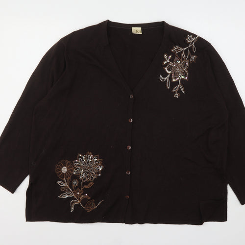 ELVI Womens Brown V-Neck Floral Acrylic Cardigan Jumper Size M