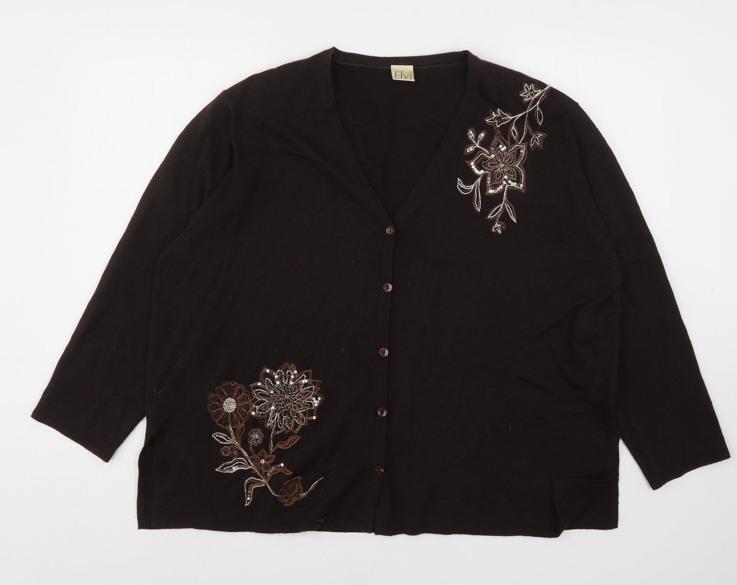 ELVI Womens Brown V-Neck Floral Acrylic Cardigan Jumper Size M