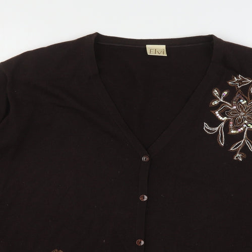 ELVI Womens Brown V-Neck Floral Acrylic Cardigan Jumper Size M