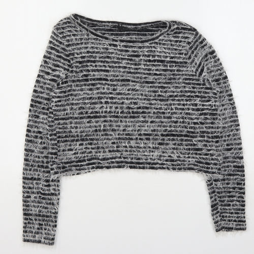 River Island Womens Grey Round Neck Striped Cotton Pullover Jumper Size 12