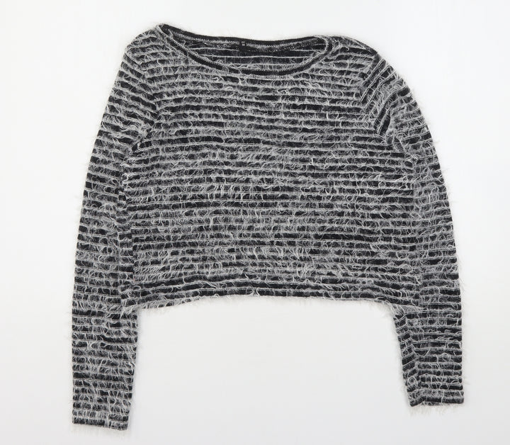 River Island Womens Grey Round Neck Striped Cotton Pullover Jumper Size 12