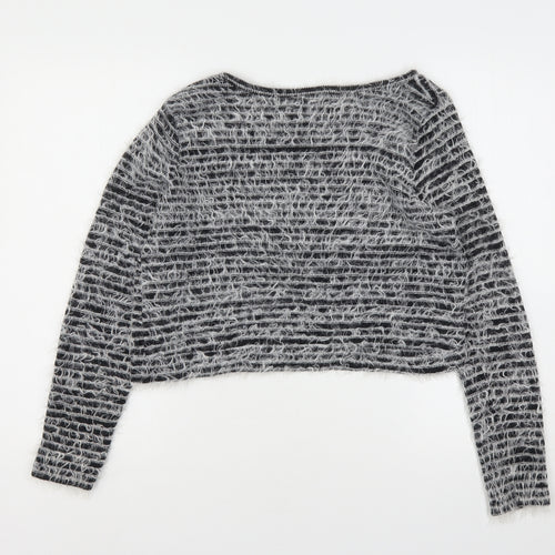 River Island Womens Grey Round Neck Striped Cotton Pullover Jumper Size 12
