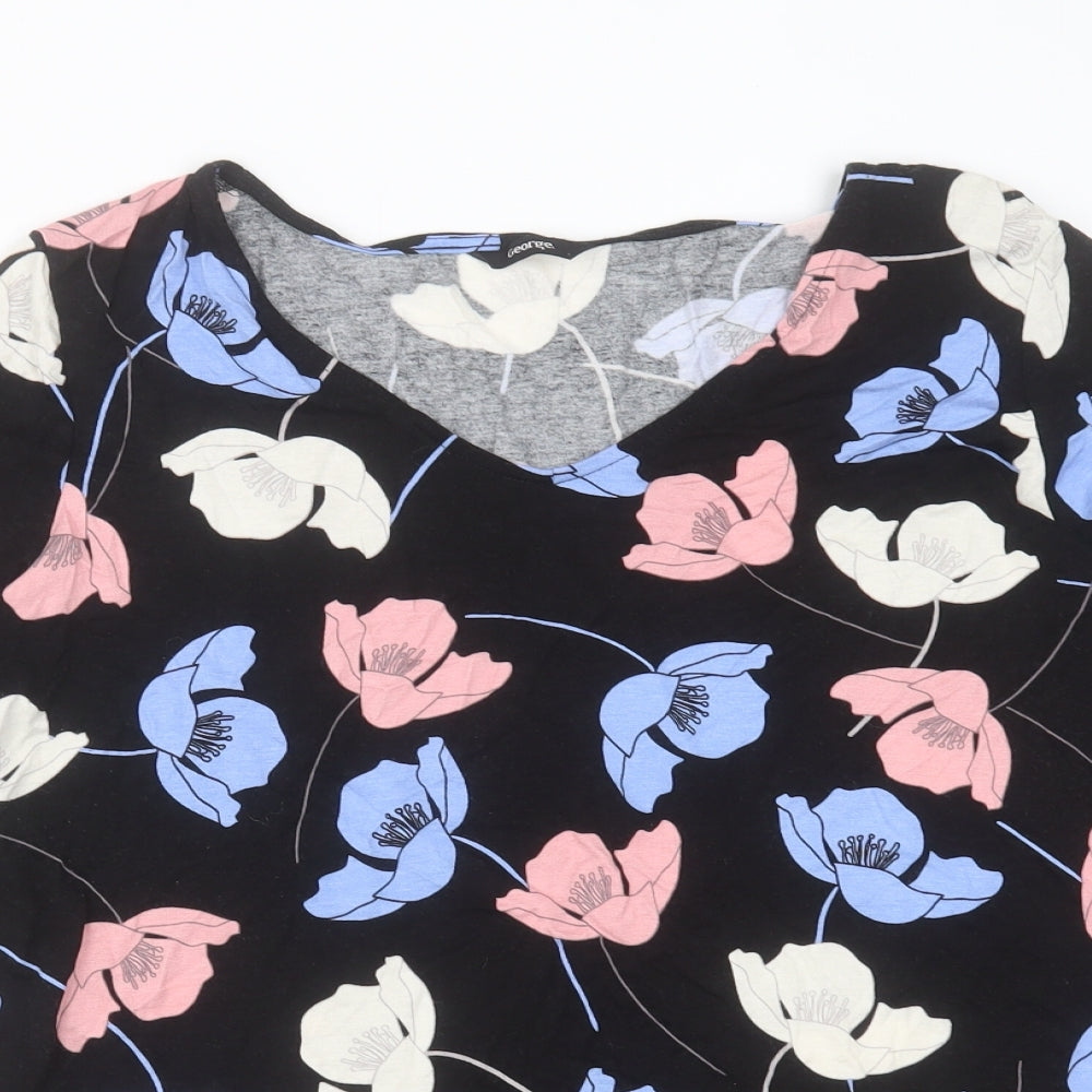 George Womens Black Floral Viscose Basic T-Shirt Size 20 V-Neck
