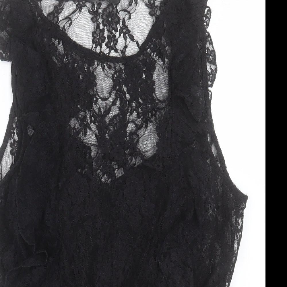 George Womens Black Floral Polyester Basic Tank Size 12 V-Neck
