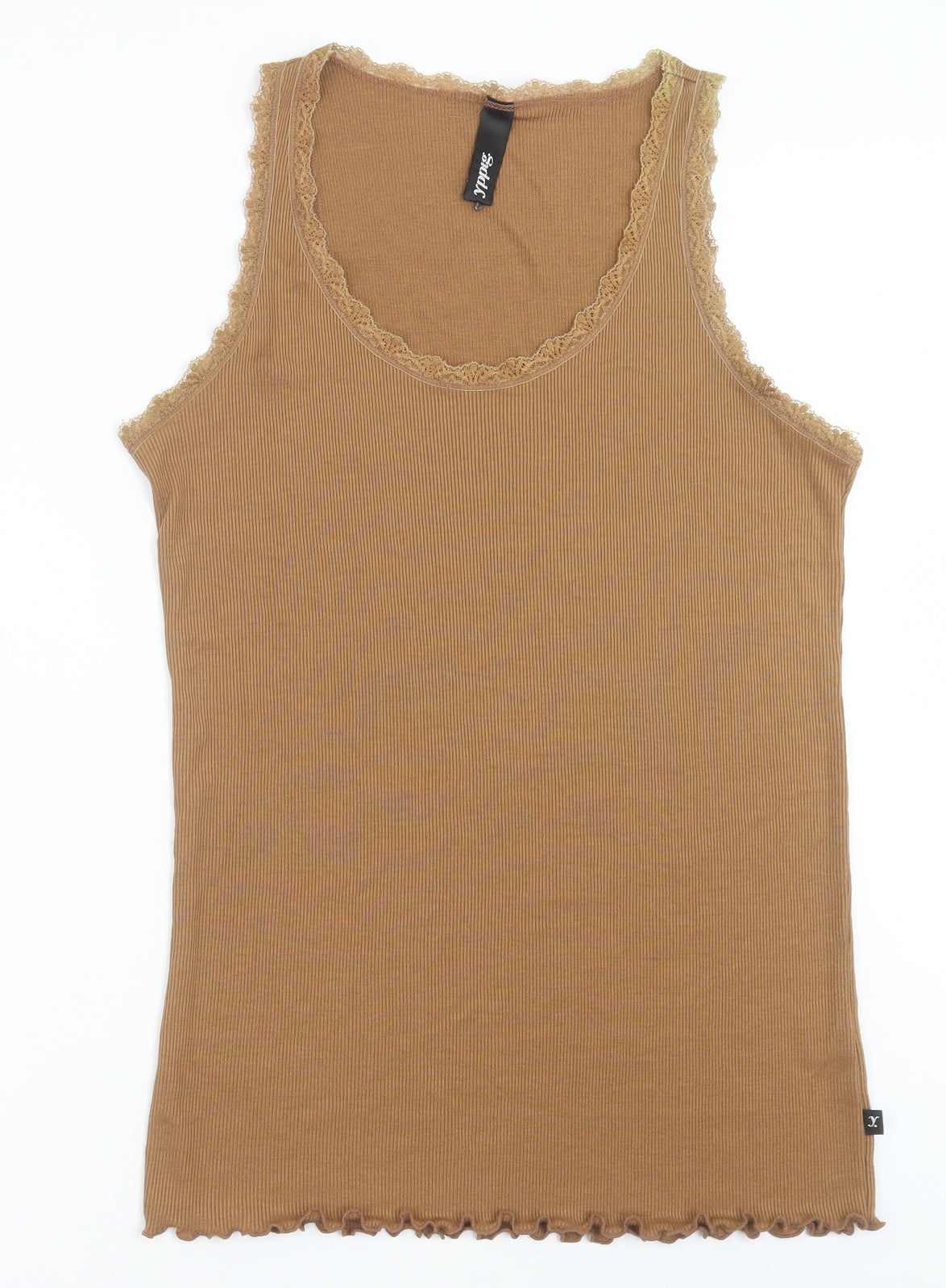 yppig Womens Brown  Silk Basic Tank Size L Scoop Neck - lettuce and lace edging