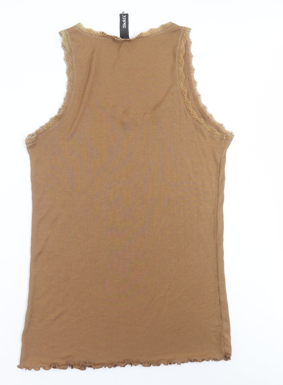 yppig Womens Brown  Silk Basic Tank Size L Scoop Neck - lettuce and lace edging