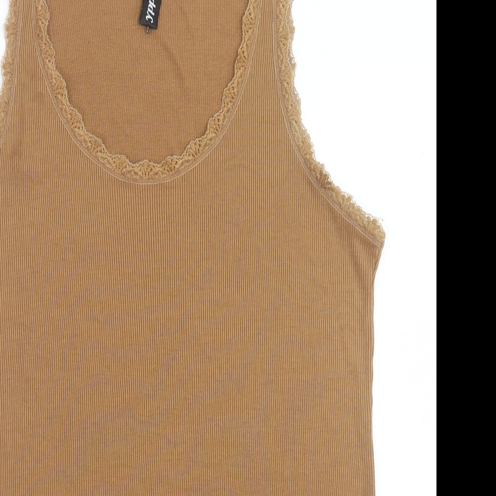 yppig Womens Brown  Silk Basic Tank Size L Scoop Neck - lettuce and lace edging