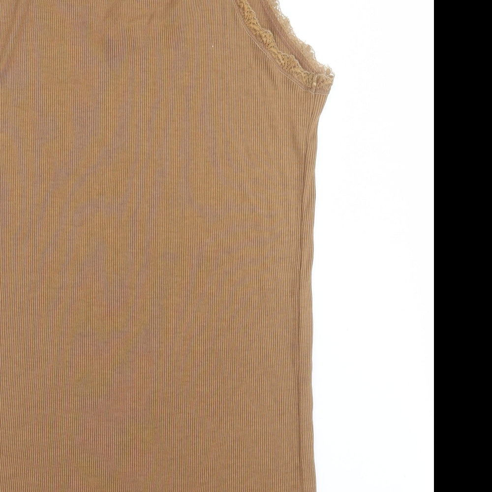 yppig Womens Brown  Silk Basic Tank Size L Scoop Neck - lettuce and lace edging