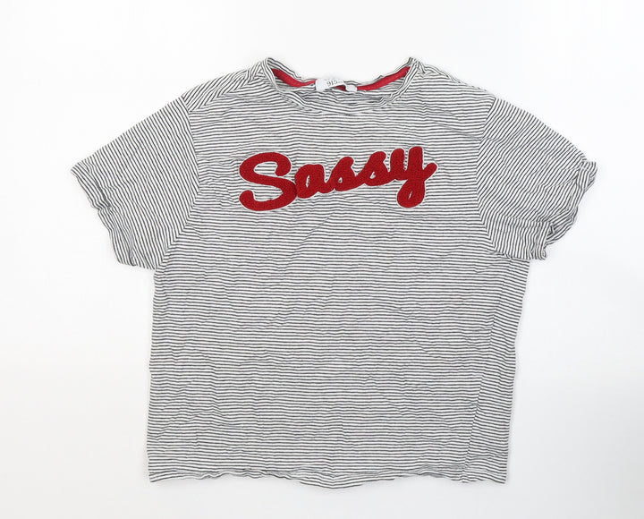New Look Girls White Striped Cotton Basic T-Shirt Size M Round Neck Pullover - Sassy
