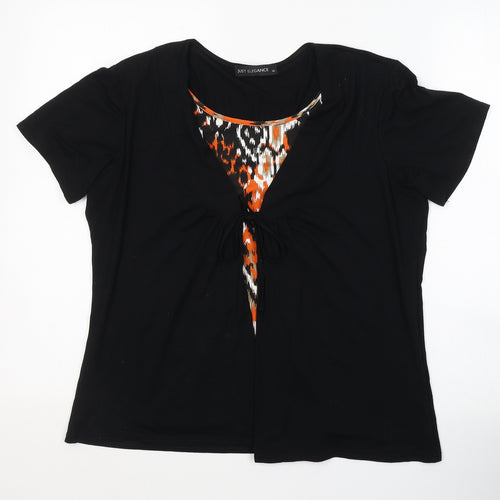 JUST ELEGANCE Womens Black Geometric Viscose Basic T-Shirt Size 14 Round Neck