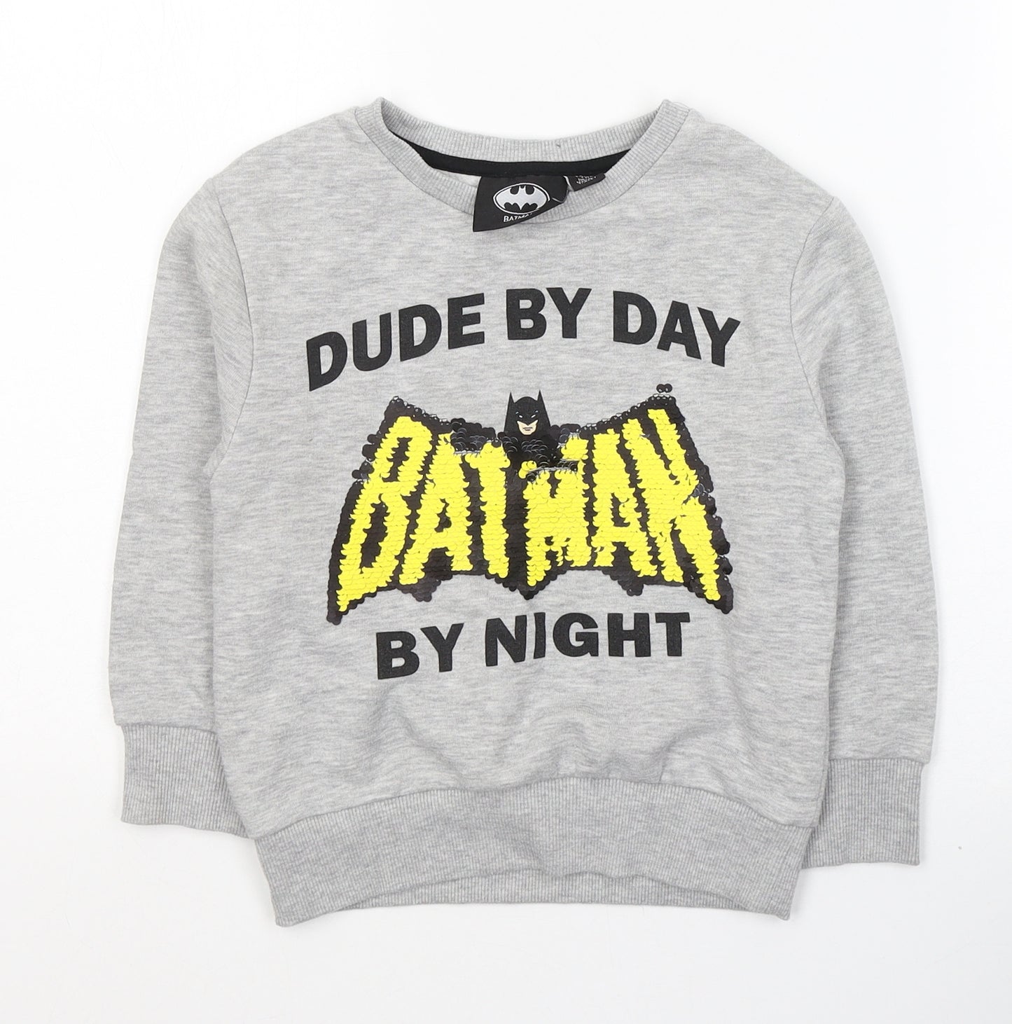 Batman Boys Grey  Cotton Pullover Casual Size 4-5 Years Round Neck Pullover - Dude by Day Batman by Night