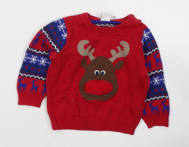 Mini Club Boys Red Geometric Acrylic Pullover Jumper Size 6-9 Months  Pullover - Christmas Jumper Reindeer