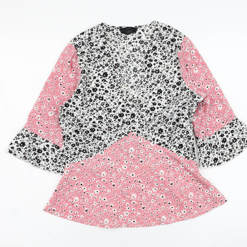 Wednesday's Girl Womens Pink Floral Polyester Basic Blouse Size S V-Neck