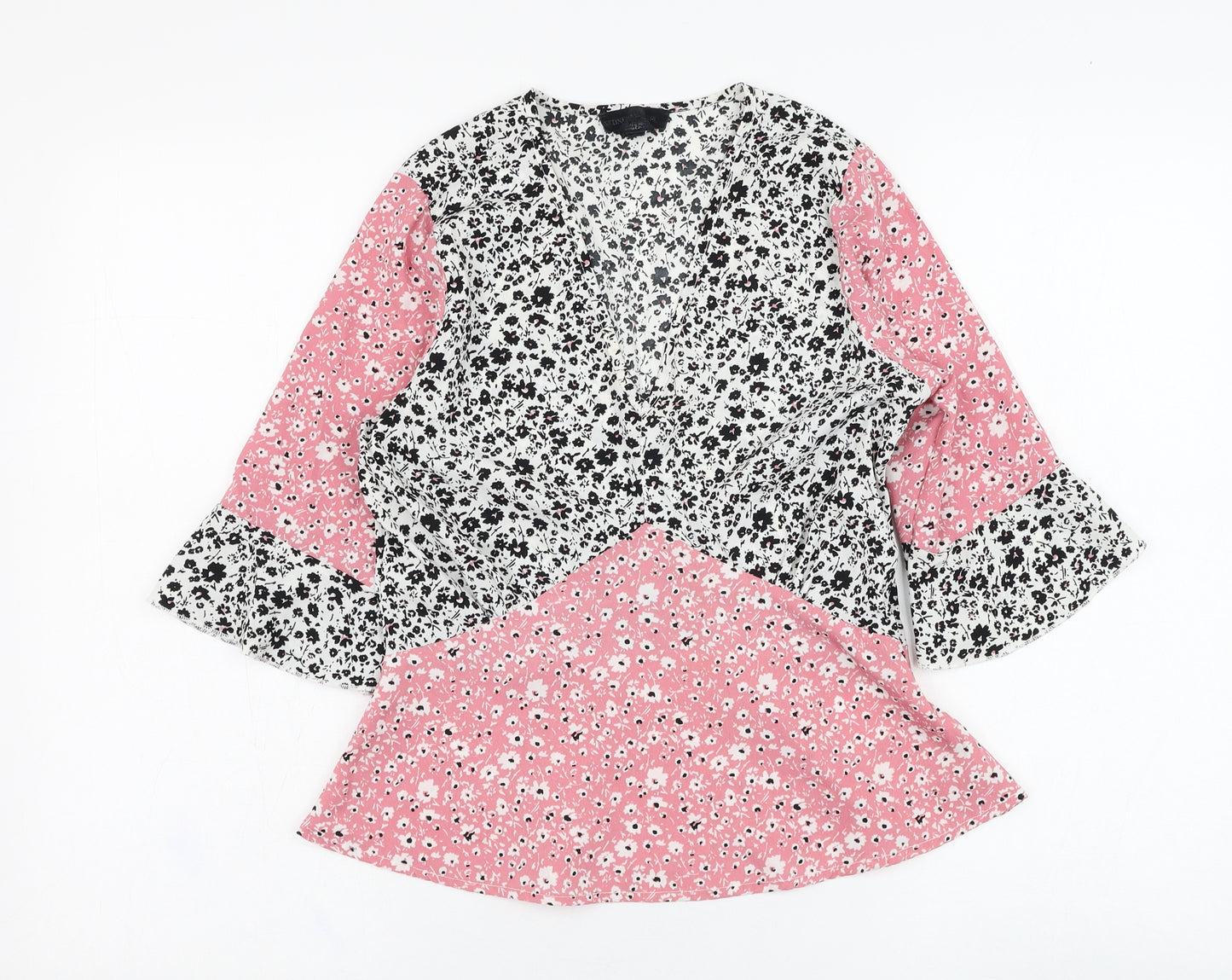 Wednesday's Girl Womens Pink Floral Polyester Basic Blouse Size S V-Neck