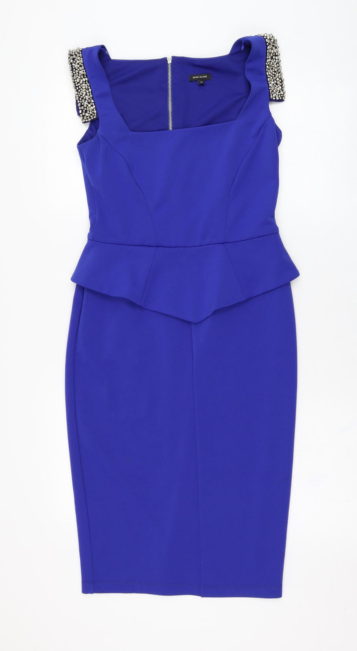 River Island Womens Blue  Polyester Pencil Dress  Size 10  Square Neck Zip