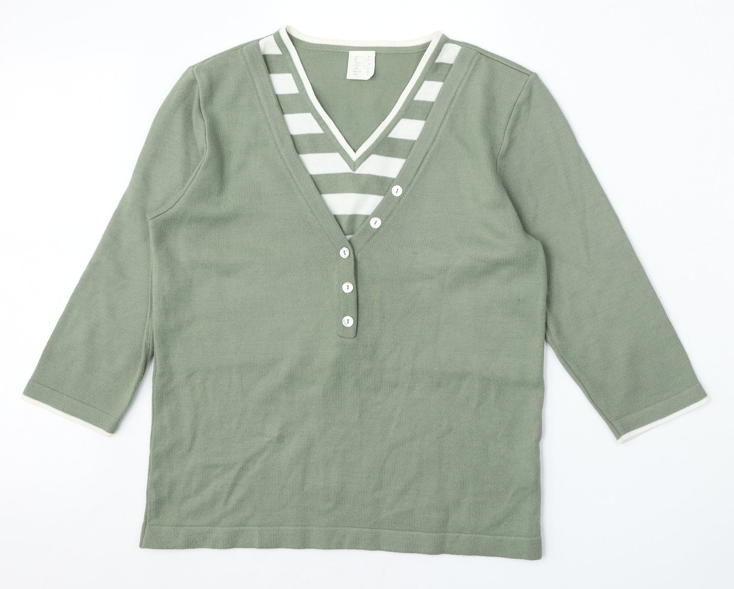 Preworn Womens Green V-Neck Striped Polyacrylate Fibre Cardigan Jumper Size 10