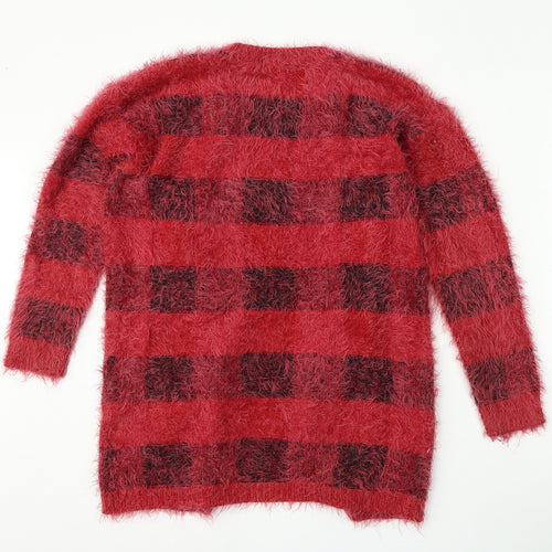ESMARA Womens Red Round Neck Check Polyamide Cardigan Jumper Size S