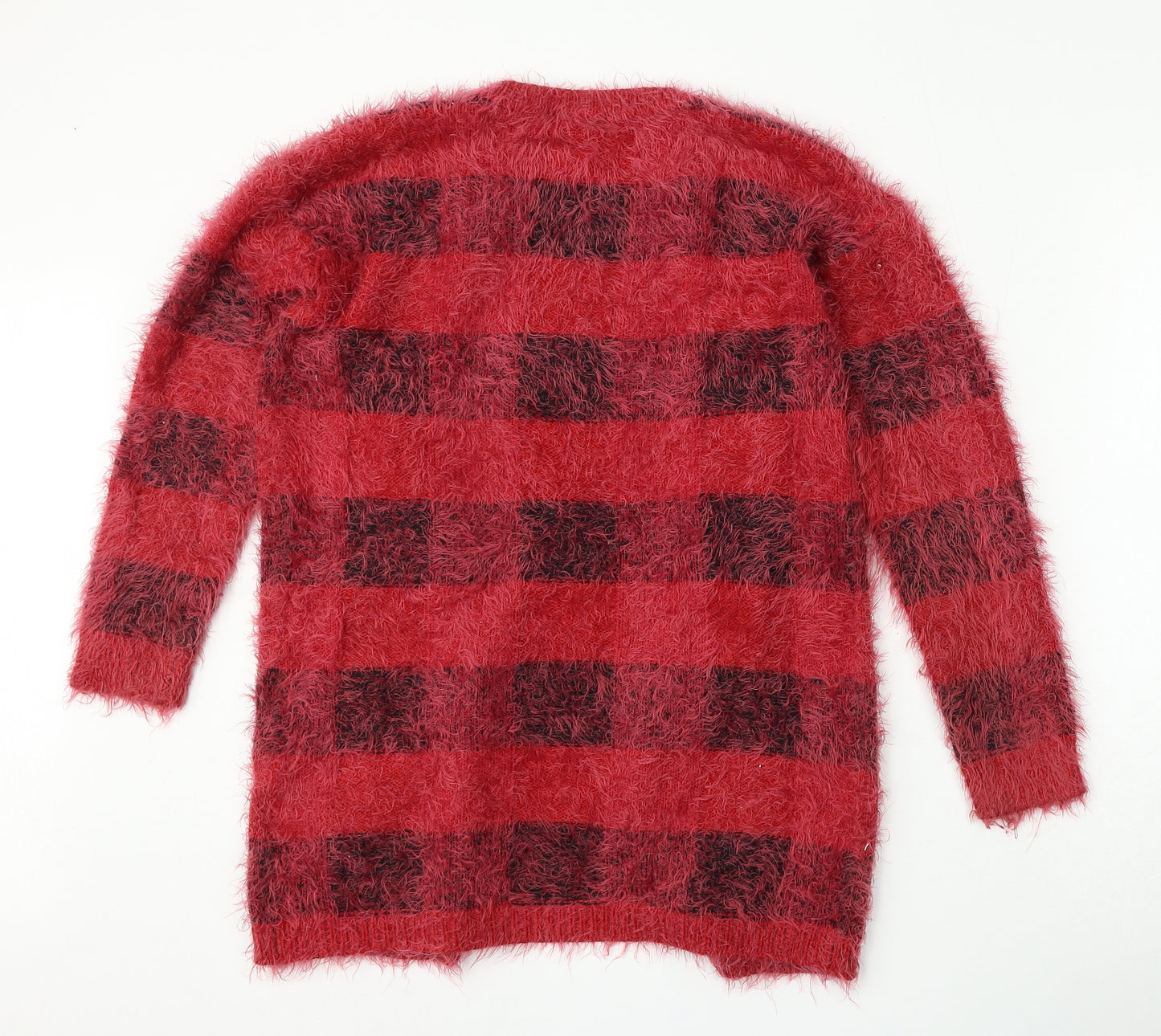 ESMARA Womens Red Round Neck Check Polyamide Cardigan Jumper Size S