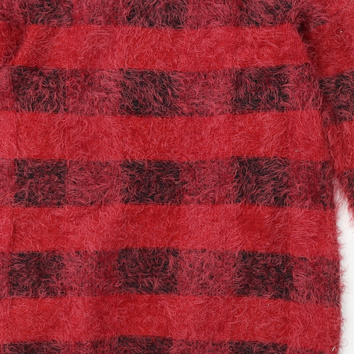 ESMARA Womens Red Round Neck Check Polyamide Cardigan Jumper Size S
