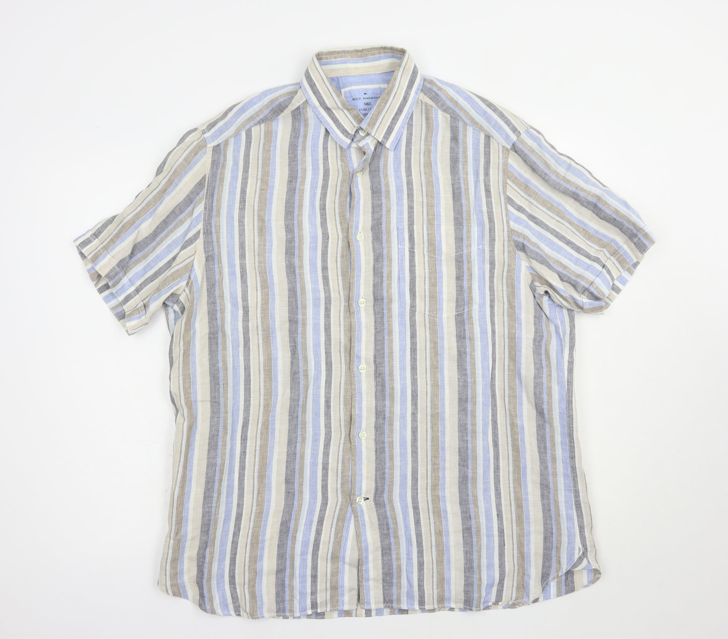 Blue Harbour Mens Blue Striped Linen  Button-Up Size L Collared Button