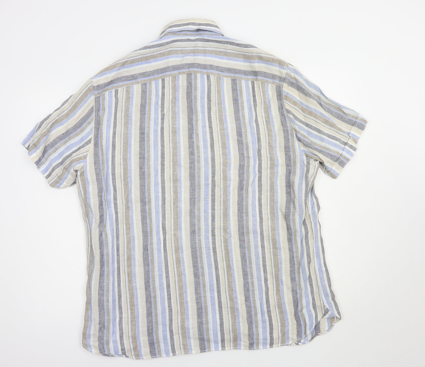 Blue Harbour Mens Blue Striped Linen  Button-Up Size L Collared Button