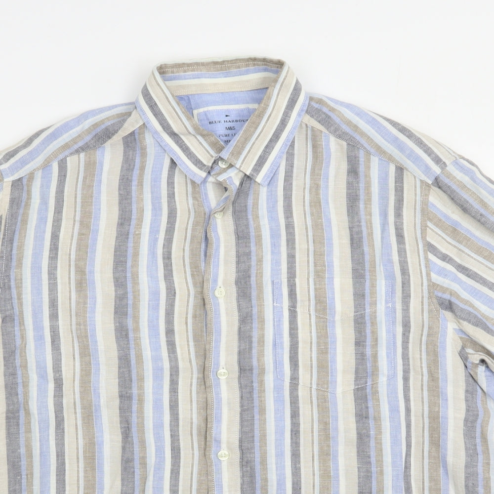 Blue Harbour Mens Blue Striped Linen  Button-Up Size L Collared Button