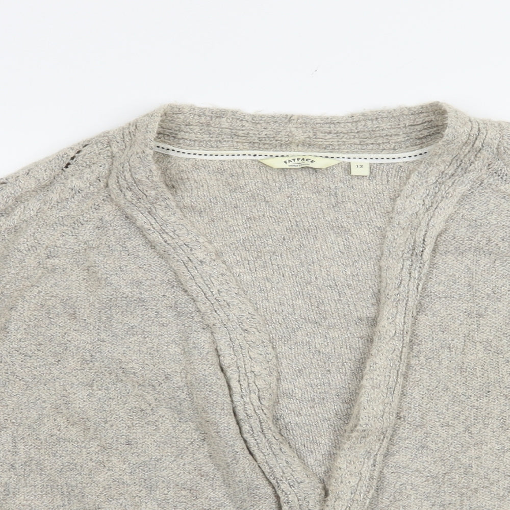 Fat Face Womens Beige V-Neck  Acrylic Cardigan Jumper Size 12