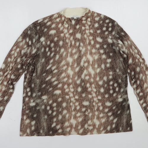 Warehouse Womens Brown Mock Neck Animal Print Cotton Pullover Jumper Size 8