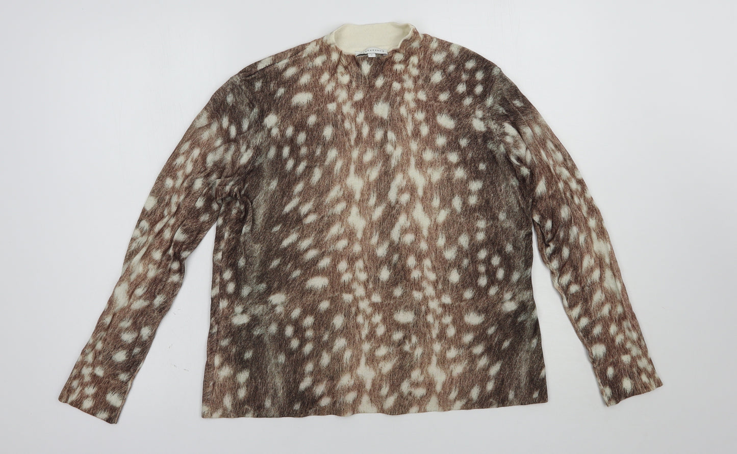 Warehouse Womens Brown Mock Neck Animal Print Cotton Pullover Jumper Size 8