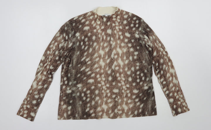 Warehouse Womens Brown Mock Neck Animal Print Cotton Pullover Jumper Size 8
