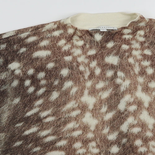Warehouse Womens Brown Mock Neck Animal Print Cotton Pullover Jumper Size 8