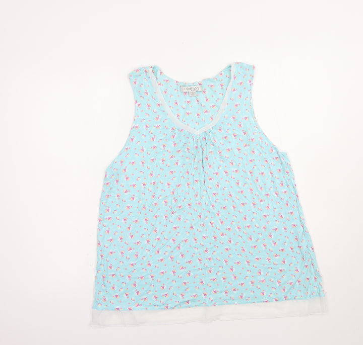 Ellen Tracy Womens Blue Floral Viscose Basic Tank Size L V-Neck