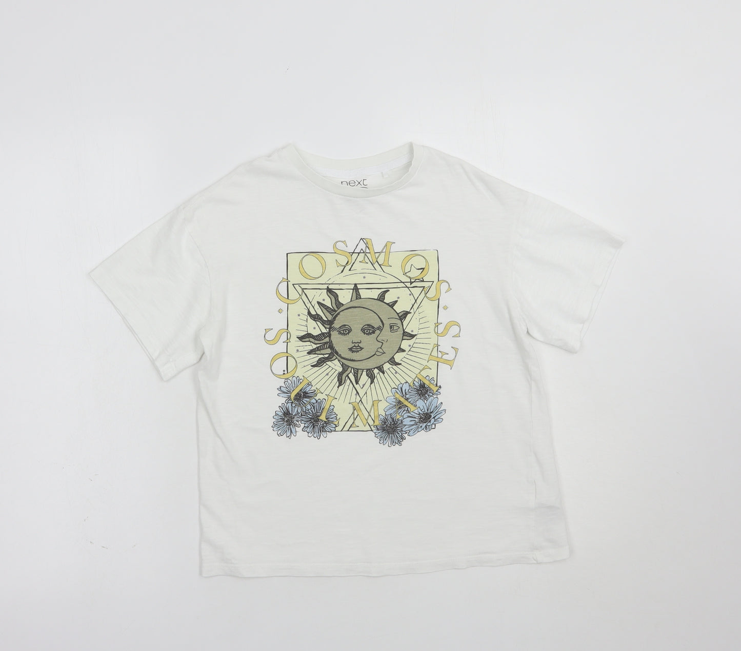 NEXT Girls White  Cotton Basic T-Shirt Size 8 Years Crew Neck Pullover - Sun and Moon