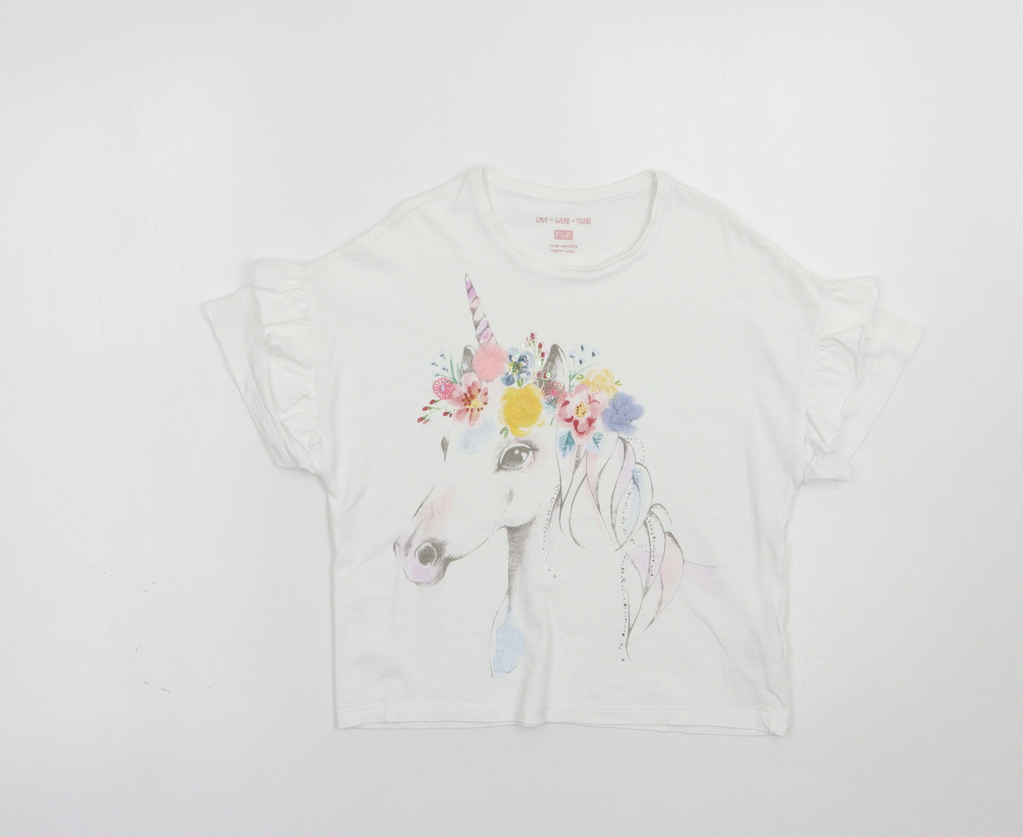 F&F Girls White  Cotton Pullover T-Shirt Size 9-10 Years Crew Neck Pullover - Horse