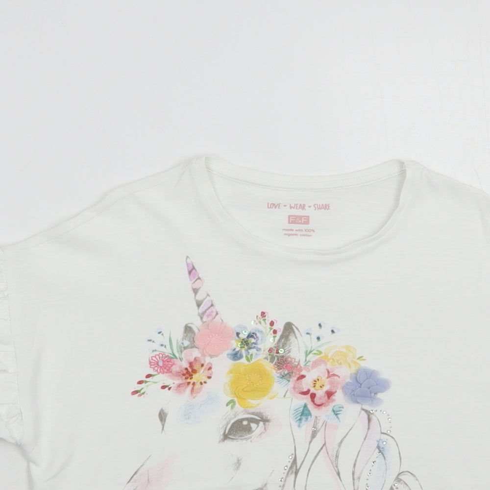 F&F Girls White  Cotton Pullover T-Shirt Size 9-10 Years Crew Neck Pullover - Horse