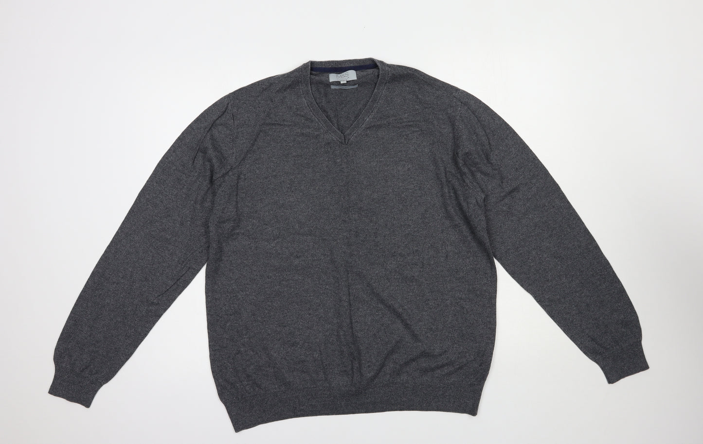 Marks and Spencer Mens Grey V-Neck  Cotton Pullover Jumper Size L