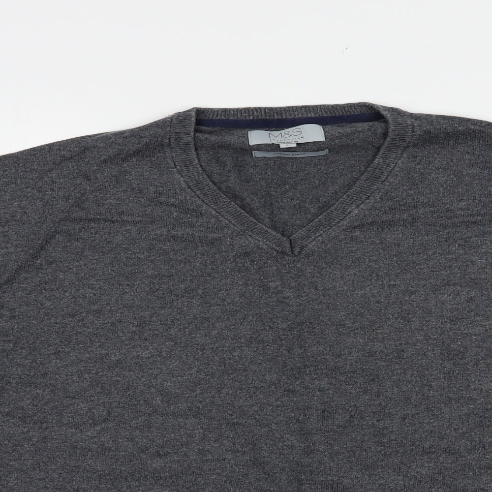 Marks and Spencer Mens Grey V-Neck  Cotton Pullover Jumper Size L