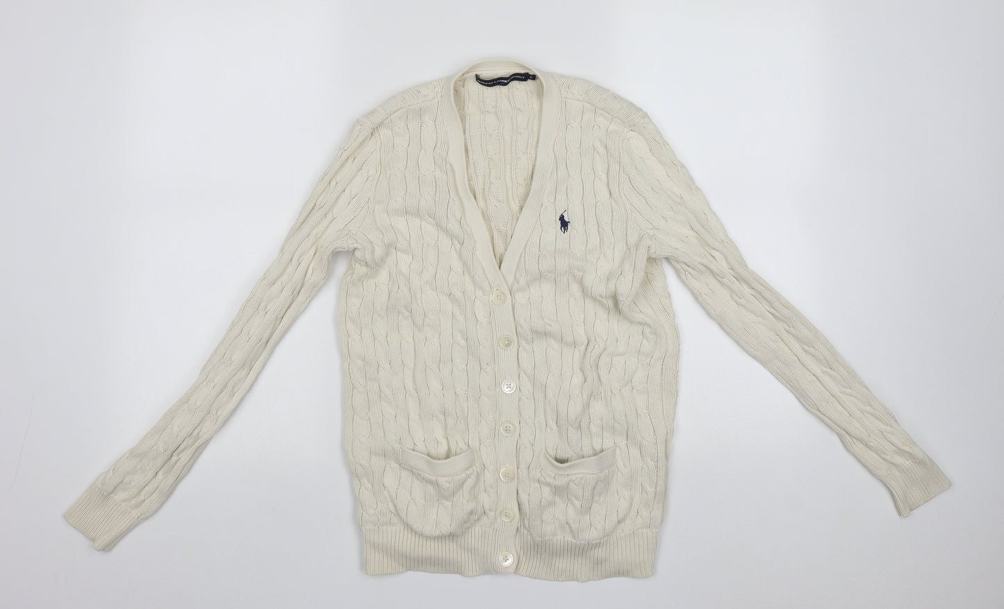 Ralph Lauren Womens Ivory V-Neck  Cotton Cardigan Jumper Size M