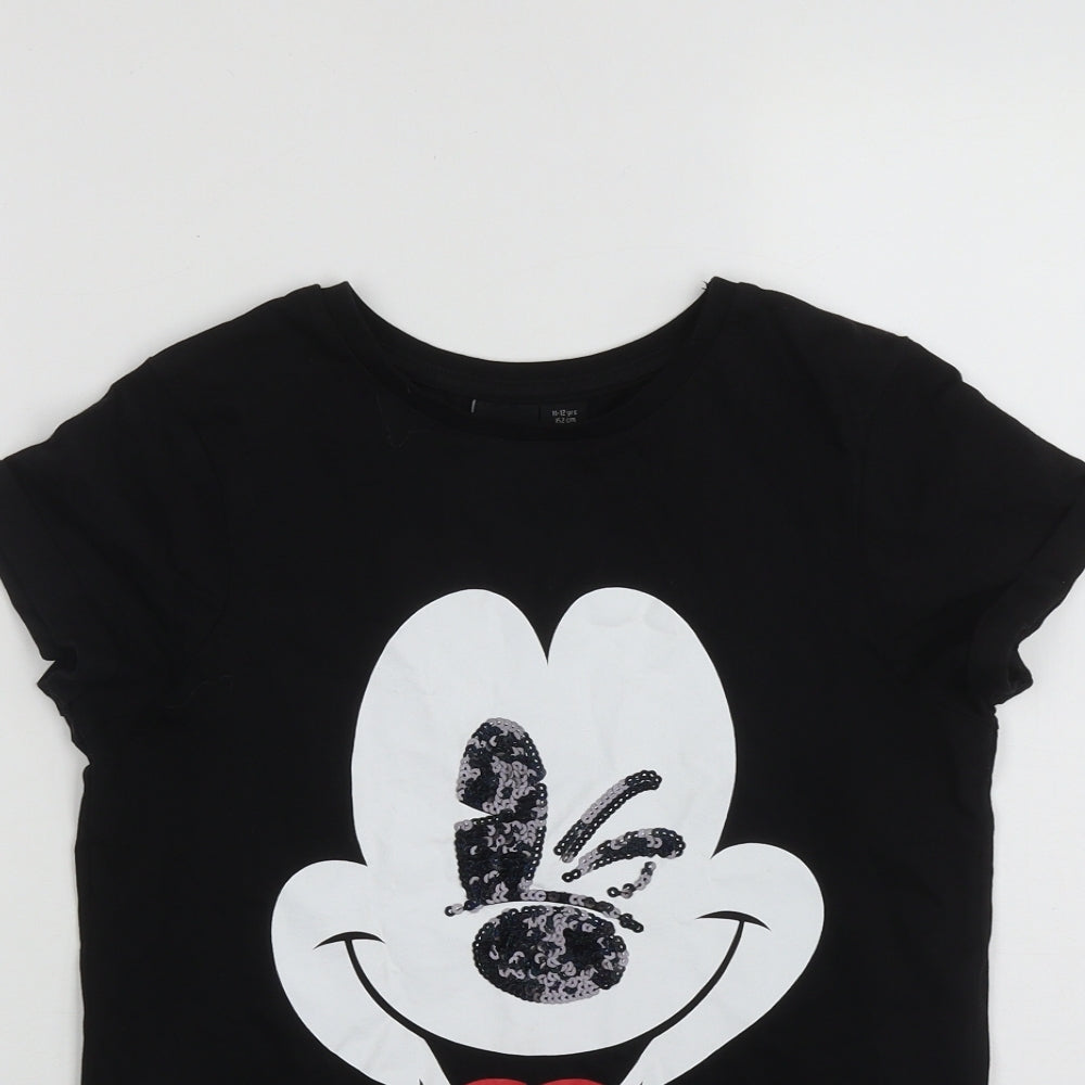 Primark Girls Black  Cotton Basic T-Shirt Size 11-12 Years Round Neck  - Mickey Mouse