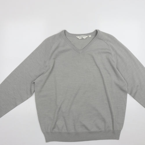 Bar Harbour Mens Grey V-Neck  Acrylic Pullover Jumper Size L