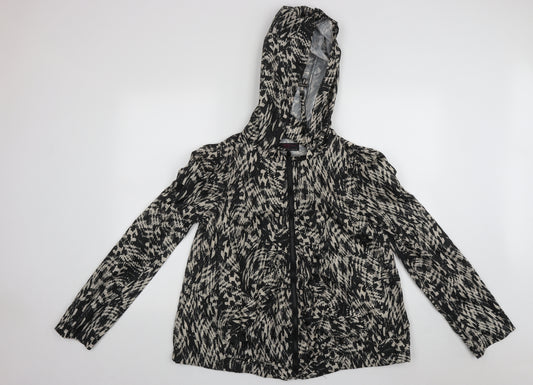 Front view of New Look women’s multicoloured geometric rain coat coat, size UK 12, zip