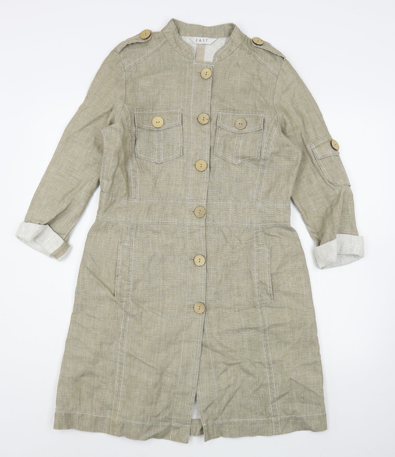 EAST Womens Beige  Linen Shirt Dress  Size M  Collared Button