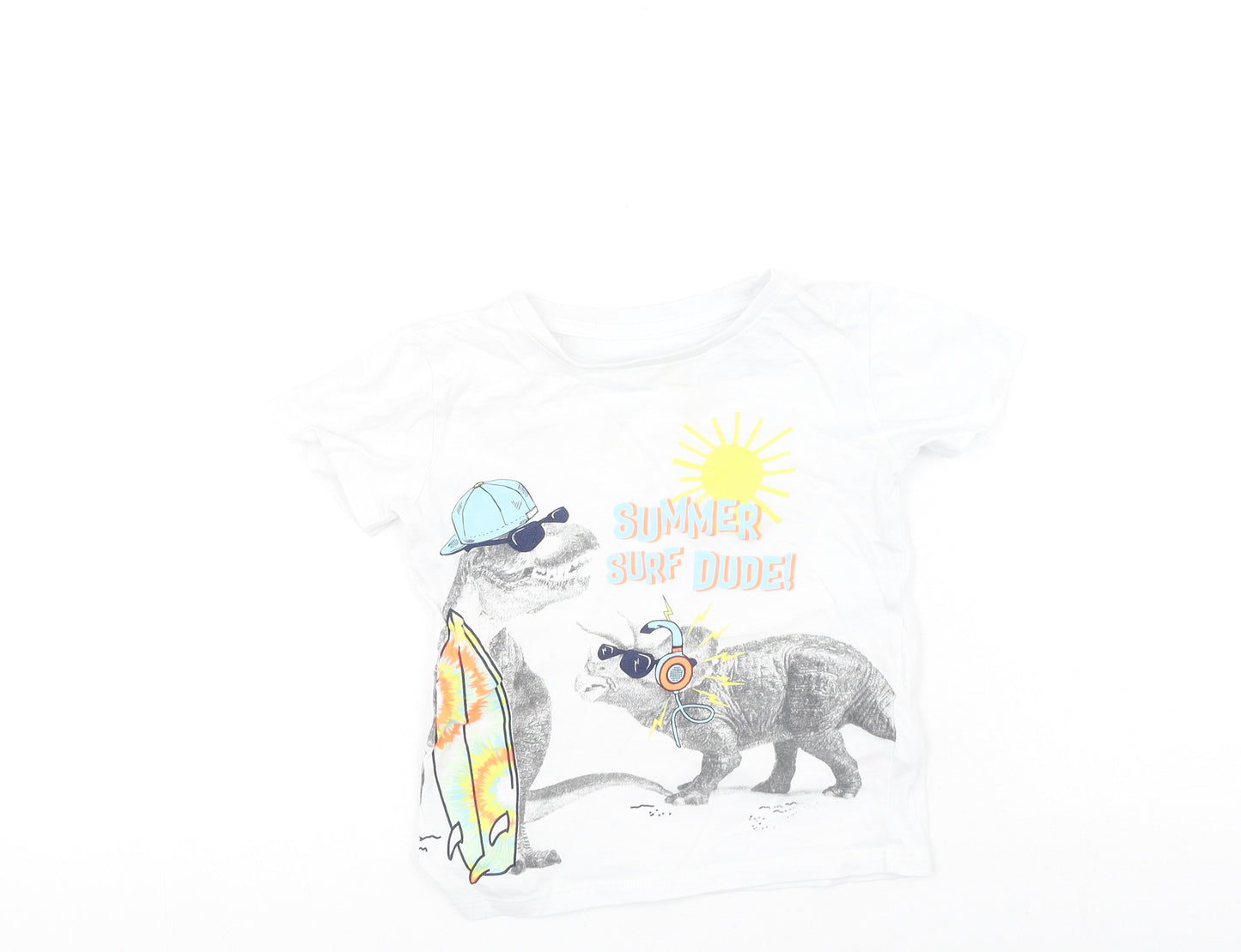 Dunnes Stores Boys White  Cotton Basic Casual Size 2-3 Years Round Neck  - Dinosaur, SUMMER SURF DUDE!