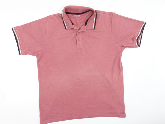 Front view of Preworn men’s pink cotton polo, size L, collared