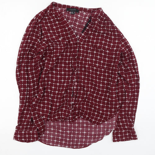 Primark  Womens Red Geometric Viscose Basic Button-Up Size 10 V-Neck